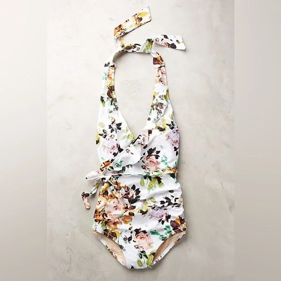 Anthropologie Allihop Ruffle Floral Halter Ruching Tie Waist One-Piece Swimsuit - Picture 1 of 13